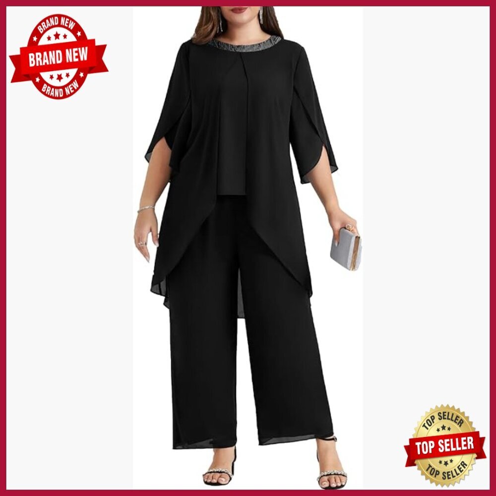 Plus Size Chiffon Pant Suit Set with Sequin Neck High Low Hem